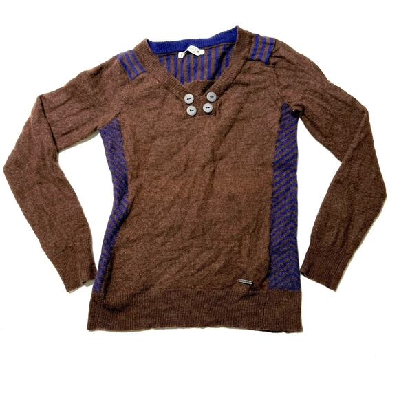 Smartwool Piney Lake Sweater Women S 100% Merino Wool Brown Blue Henley FLAWED - Picture 1 of 10
